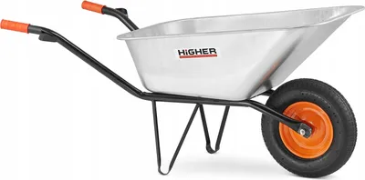 A silver wheelbarrow with black handles and legs, and an orange wheel, is shown against a white background.