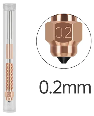 A 3D printer nozzle is shown in a clear plastic tube next to a magnified view of the nozzle tip and text indicating its size.