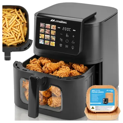 Obrázek produktu pro Horkovzdušná fritéza AirFryer 2000 W, 8 l, MalTec, bez tuku, kompaktní, s průhledovým okénkem, LED displejem a 12 programy, černá