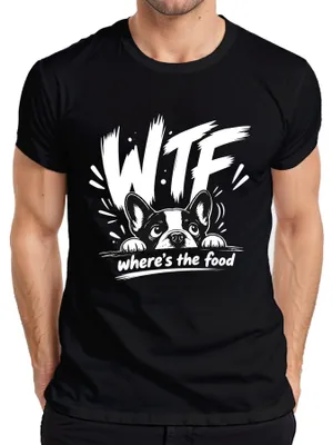 Immagine prodotto di Maglietta da uomo, taglia 3XL, colore nero, con scritta "WTF (Che diavolo)", immagine di un bulldog francese e tono sarcastico