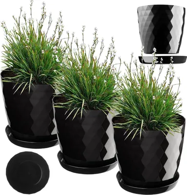 Image de Set de pots de fleurs décoratifs en plastique avec soucoupe - 3 pièces pour plantes d'intérieur, fleurs, cactus et succulentes - 25 cm - noir
