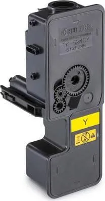 A black toner cartridge with a yellow label.