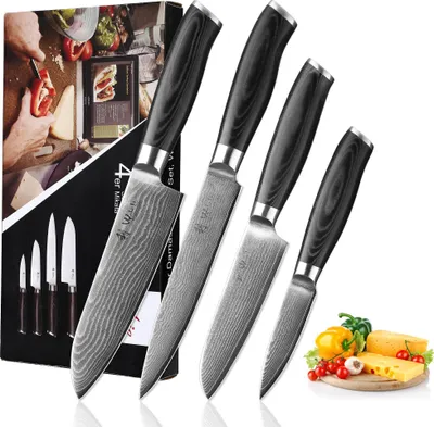Produktbild von 4er Damastmesser-Set - Klingen von 8 cm bis 18 cm Länge aus echtem Damaststahl mit Mircata-Griffen Serie Wakoli Mikata