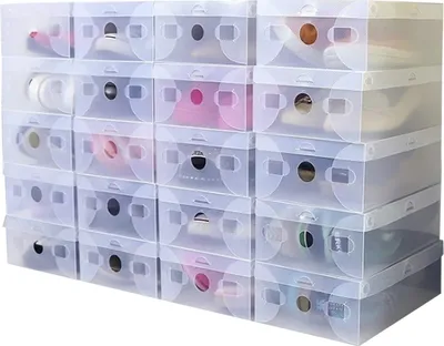 Zdjęcie produktu dla 20x Składane pudełko na buty, przezroczyste pudełka, 28cmx18cmx10cm Sztaplowane pudełka na buty, plastikowe pudełka żebrowane przezroczysto-białe Sztaplowane pudełko do przechowywania butów