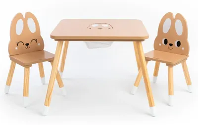 Produktbild von Kindertisch Set - Holztisch mit 2 Hasenstühlen - Mit Stauraum - Zum Lernen und Malen - Kinderzimmermöbel - Alter 3-6 Jahre