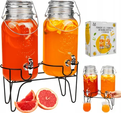 Zdjęcie produktu dla SuperButelki - ZESTAW Słoje szklane 2 x 4l, z kranikiem, pokrywkami i stojakiem, wysoka jakość, do restauracji, na przyjęcia, praktyczny, dwa dzbanki