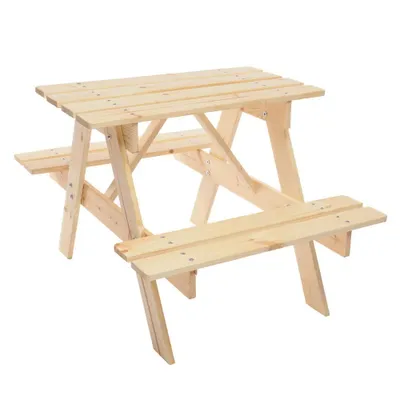 A wooden picnic table for children, shown from a three-quarter angle against a white background.