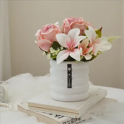 Produktbild von Kunstblumenstrauß Künstliche Lilie Rose Bonsai Set Keramik Tischdekoration