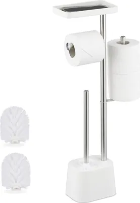 Productafbeelding van Relaxdays WC-set, afmetingen: 65,5 x 29 x 11 cm, bestaande uit: staande toiletrolhouder, toiletborstel, reserverolhouder, opbergvak, wit