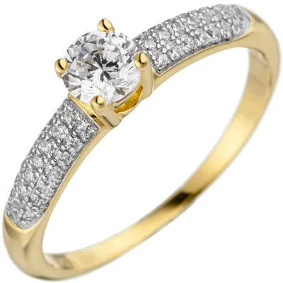 Produktbild von Solitär Ring mit weißen Zirkonia 925 Silber Gelbgold vergoldet Fingerschmuck Innenumfang 58mm Ø18.5mm