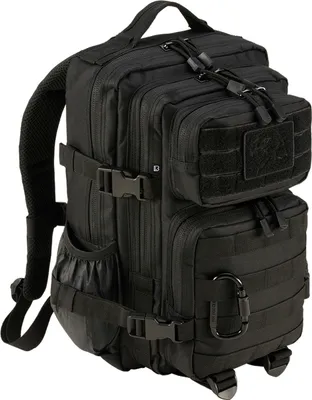A black backpack is shown against a white background.