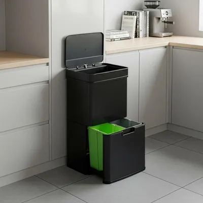 A black, multi-compartment trash can with a green inner bin, placed in a modern kitchen setting.