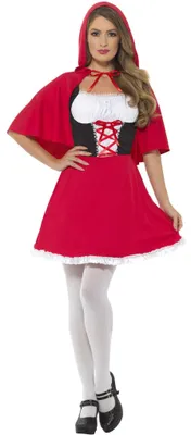 Frontansicht des Rotkäppchen Kostüms für Damen mit rotem Rock, geschnürtem Mieder und rotem Cape mit Kapuze.