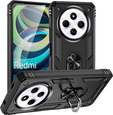 A black protective case for a smartphone, shown from multiple angles, with a ring stand feature.