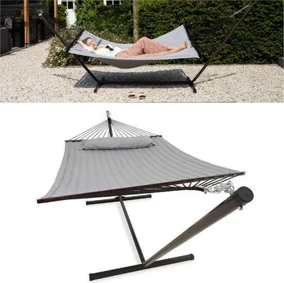 Produktbild von Vita5 Vita5 Hängematte mit Ständer 2 Schlafplätze - Gartenhängematte mit Spreizstab und Gestell - Grau - UV-beständig - Belastbarkeit bis 200 kg