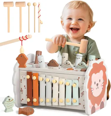 Productafbeelding van Babyspeelgoed 1 jaar - Montessori spelletjes 1 jaar 4 - 1 houten speelgoed met babyxylofoon - Taupe - Perzik - Doolhof