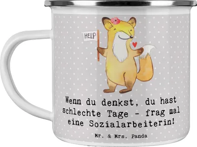 Produktbild von Mr. & Mrs. Panda Haferl Sozialarbeiterin Stärketage - Grau Pastell - Geschenk, unterstützen, Obdachlosenhilfe, Geschenke mit Herz, handgefertigte, becher emaille, Beruf