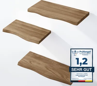 Produktbild von LAMO Manufaktur 3 Stück Wandregal aus Holz mit unsichtbarer Befestigung 42/36/30cm | Wandregal aus 100 % echtem Holz | Hängeregal für Wohnzimmer, Wandregale SET 1 Baumkante Farbe: Nussbaum
