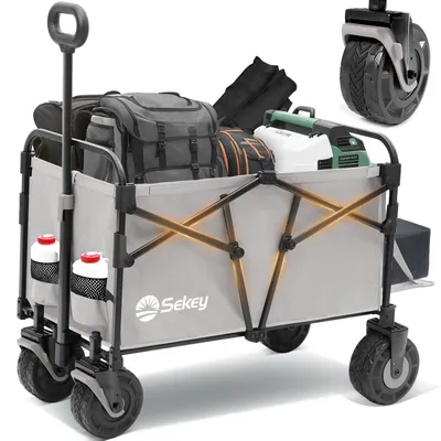 Produktbild von Sekey Faltbarer Bollerwagen 200 kg, mit Heckklappe und breiten Blasformrädern für den Strand, Grau