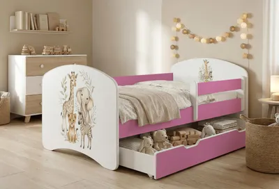 Produktbild von Happy Babies Kinderbett - Satz Mit Matratze & Schublade und Rausfallschutz, 70x140, Mädchen Kinderbetten & Jugendbett Jungen Kids Bed, buntes Design,