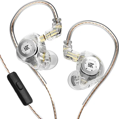 A pair of transparent in-ear monitor headphones with a black inline microphone.