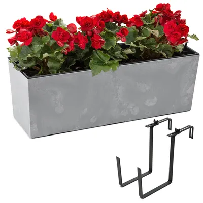 Zdjęcie produktu dla Zestaw doniczek balkonowych z wkładem betonowym w kolorze szarym 56x19 H19.5cm + uchwyt metalowy czarny