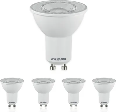 A group of five Sylvania GU10 LED light bulbs are displayed against a white background. One bulb is positioned above the other four, which are arranged in a row.