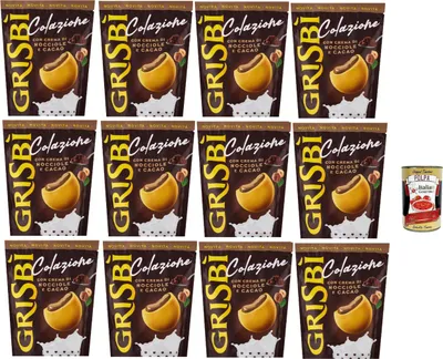 Produktbild von Grisbì Colazione – Frühstücks-Kekse mit Haselnuss- & Kakaocreme, wiederverschließbarer Beutel 12 x 225g – knusprig außen, cremig innen – Matilde Vicenzi, Italien + Italian Gourmet polpa 400g