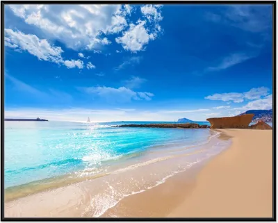 Produktbild von Wallario Wandbild Traumstrand unter blauem Himmel, Größe: 40,30 x 50,30 cm, Poster mit schwarzem Aluminiumrahmen