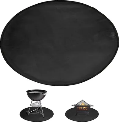 A large black circular mat is shown at the top, with smaller images of a grill and a fire pit on mats below.