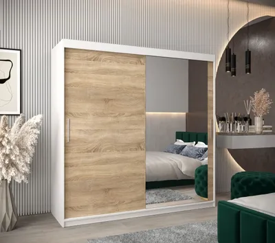 Produktbild von Schwebetürenschrank mit einer Breite von 200 cm TIMEA 2 – Weiß / Eiche Sonoma