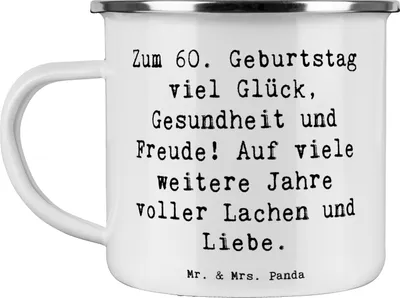 Produktbild von Mr. & Mrs. Panda Teetasse Spruch 60. Geburtstag Glück - Weiß - Geschenk, Teebecher, Emaille Becher, Kaffeepott, Meilenstein, Happy Birthday, Gesundheit, Jubiläum, Tasse