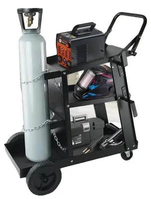 Imagen del producto de Carro de soldadura, con una capacidad de carga de 181,4 kg, diseño de 3 niveles, rotación de 360° de las ruedas, fabricado con material de acero resistente y compatible con soldadura MIG y TIG