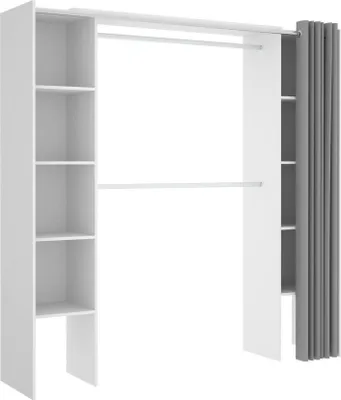A white and gray open wardrobe structure with shelves and a hanging rod.