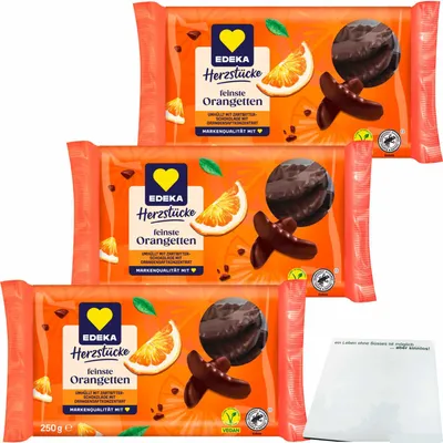 Produktbild von Edeka Herzstücke Orangetten mit Zartbitterschokolade 3er Pack (3x250g Packung) + usy Block