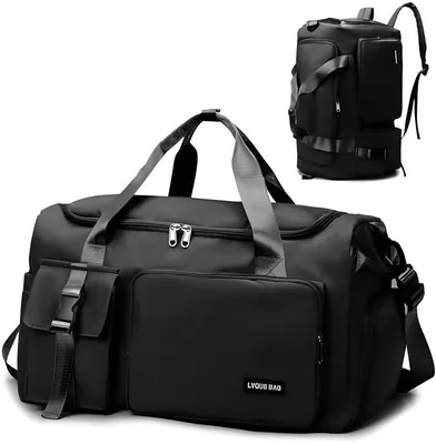 Produktbild von PolkaHome® Sporttasche 42 Liter, 3-in-1 Reisetasche mit Schuhfach & Nassfach, wasserdicht, Rucksacktasche, Schwarz