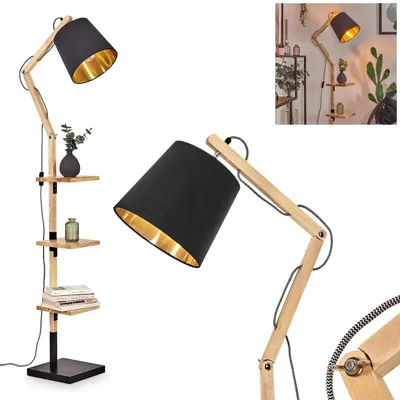 Image de Lampe sur pied avec une base en bois et un abat-jour en tissu