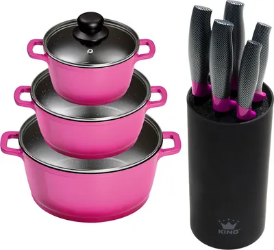 Produktbild von 9tlg. KING Vorteilsset BERRY: 3tlg. Kochtopfset Aluguss Berry, 3xKochtöpfe in Ø16,Ø20,Ø24cm + 6tlg. Messerset KING® CARBON BERRY LINE, 5 Messer plus Messerblock