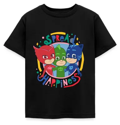 Produktbild von Spreadshirt PJ Masks Gruppenbild Eulette Gekko Catboy Kinder T-Shirt, 98/104 (3-4 Jahre), Schwarz
