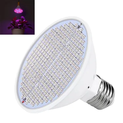 A close-up of a white LED grow light bulb with a silver screw base, showing the array of red and blue LEDs. A small inset image shows the bulb illuminating a plant with purple light.
