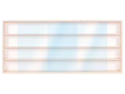 An empty wooden display shelf with four levels against a white and light blue checkered background.