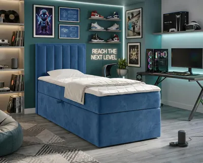 Produktbild von NORDELO Boxspringbett MORFEO 90x200 cm Blau Komplett-Set gepolstertes Einzelbett mit Stauraum, Matratze und 4 cm Visco-Topper, Bonellfederkernmatratze, T30-Schaum