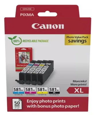 Produktbild von Canon CLI-581XL BK/C/M/Y Tinte mit hoher Reichweite + Fotopapier Value Pack, Schwarz, Cyan, Magenta, Gelb, 8,3 ml, 8,3 ml, 520 Seiten, Multipack