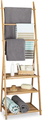 Produktbild von Relaxdays Handtuchhalter Bambus, Holz-Kleiderständer faltbar, 3 Ablagen, 3 Stangen, 4 Haken, HBT: 152 x 53 x 31cm, natur