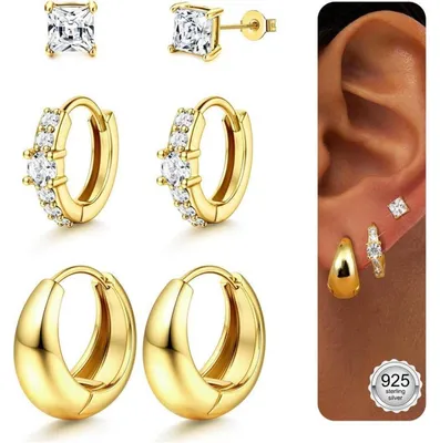 Produktbild von 3 Paar Ohrringe Set Silber/Gold Damen Mädchen 925 Sterling Silber Creolen Ohrstecker
