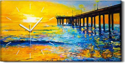 Produktbild von Wanduhr Leinwand Bild Uhr Quarz 60x30 Brücke Wasser Sonnenaufgang farbenfroh - weiße Hände