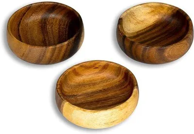 Image de 3 coupelles rondes pour collations en bois d'acacia, 10 x 3 cm