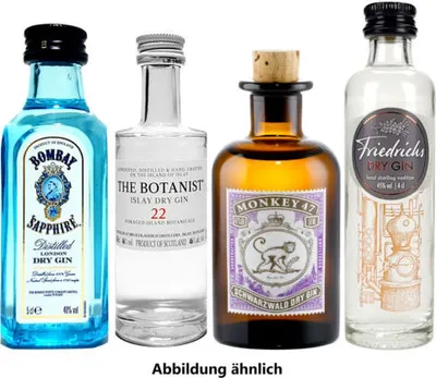 Produktbild von Gin mini 4er Set - Bombay Sapphire London Dry Gin 50ml (40% Vol) + Monkey 47 Schwarzwald Dry Gin 50ml (47% Vol) + The Botanist Islay Dry Gin 50ml (46% Vol) + Friedrichs Dry Gin 4cl (45% Vol)