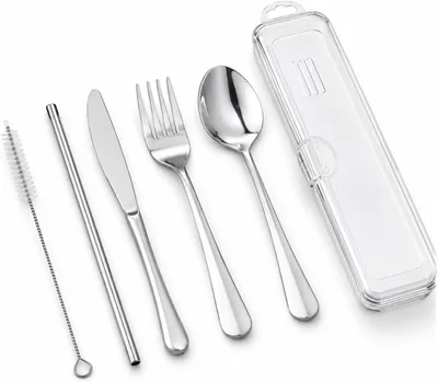Produktbild von Reisebesteck Set 6-teilig, Edelstahl, mit Löffel Gabel Messer und Etui, für Camping