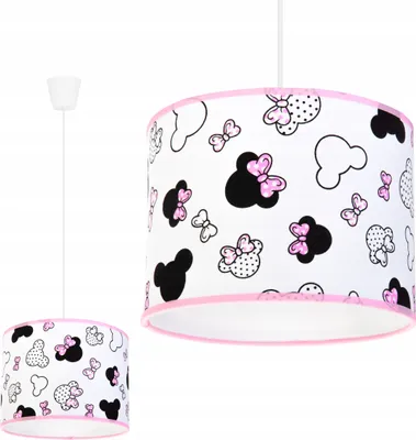 A pendant lamp with a Minnie Mouse pattern and a smaller lamp shown in the background.